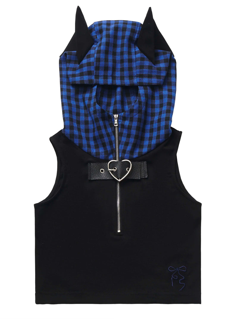 Blue Plaid Stitch Cat Ear Hoodie Summer Strap Design Suit