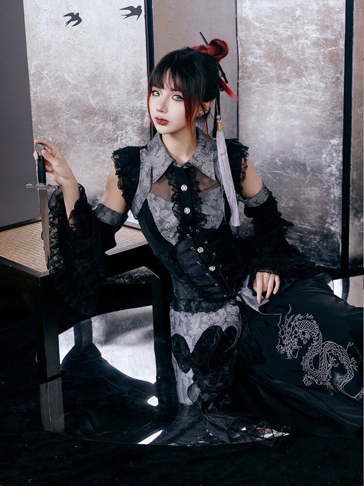 [pre-order] Chinese-style Gothic Subculture Fishtail Skirt + Top + Waist Corset