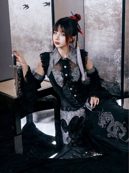 [pre-order] Chinese-style Gothic Subculture Fishtail Skirt + Top + Waist Corset