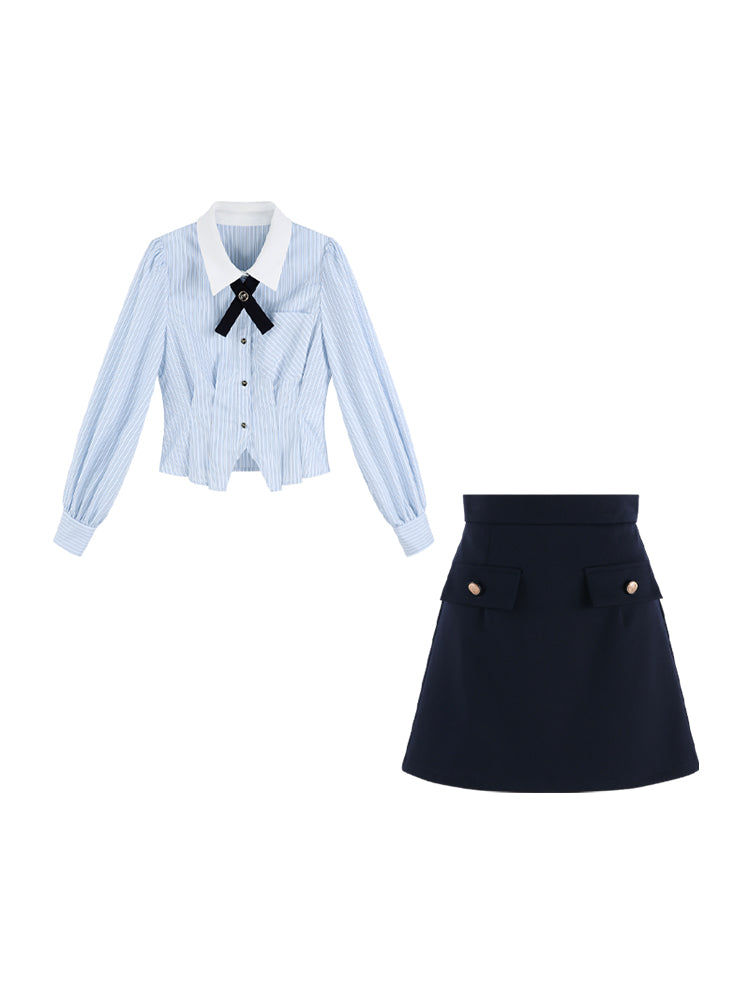 Blue Striped Preppy Long Sleeve Crop Set