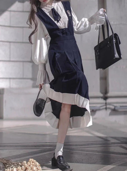 College Style Retro Ruffle Chiffon Blouse + Cyan Dress + Beret + Emblem + Necktie
