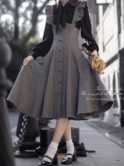 Retro Black Ribbon Volume Sleeve Shirt + Ruffle Shoulder Suspender Skirt