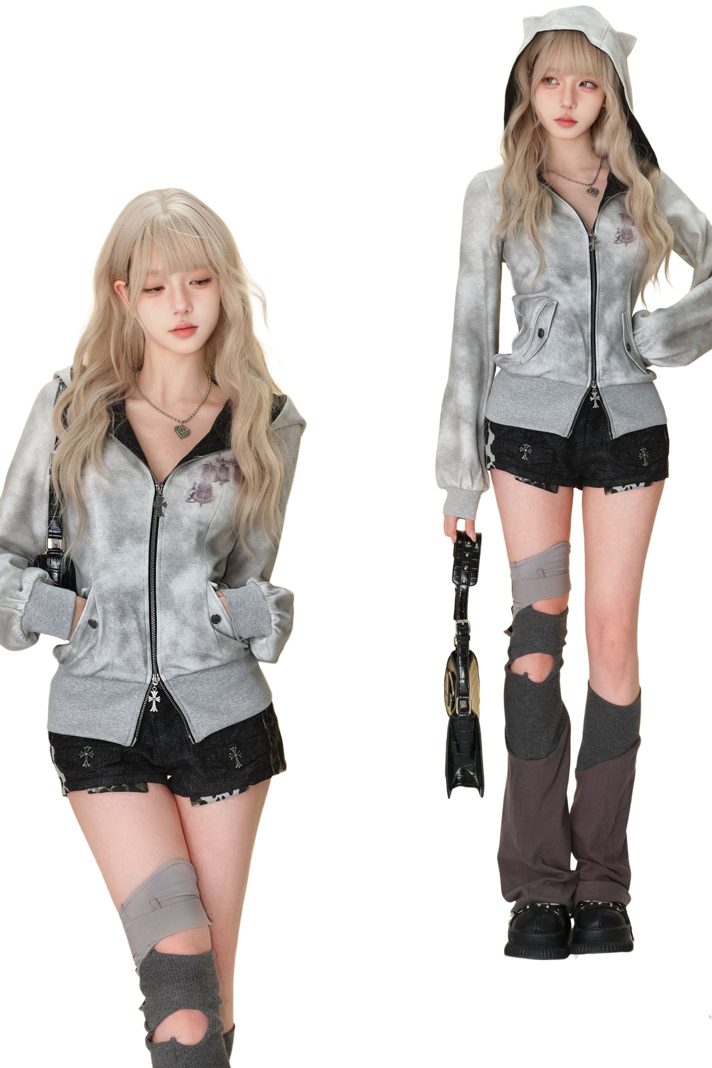 Leopard Print Shorts Grey Hoodie Set