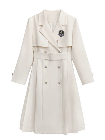 College Apricot Trench Coat + Metal Badge + Black Embroidery Ribbon Shirt + Pleated Skirt