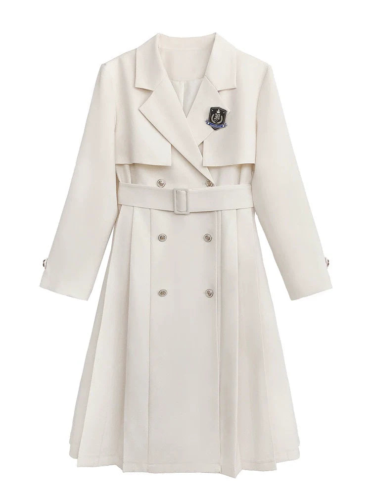 College Apricot Trench Coat + Metal Badge + Black Embroidery Ribbon Shirt + Pleated Skirt