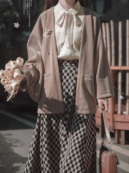 Sakura Note Showa Retro Haori Jacket + Chiffon Ribbon Shirt + Checkered Skirt + Dark Gray Skirt + Brooch