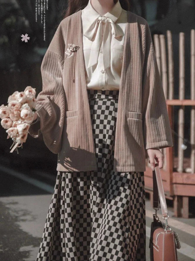 Sakura Note Showa Retro Haori Jacket + Chiffon Ribbon Shirt + Checkered Skirt + Dark Gray Skirt + Brooch