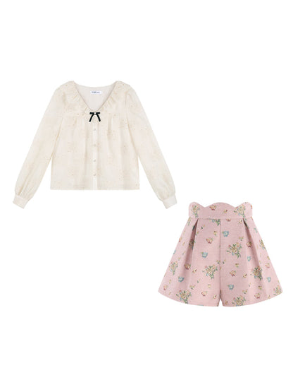 Apricot Ruffle Long Sleeve Shirt Set