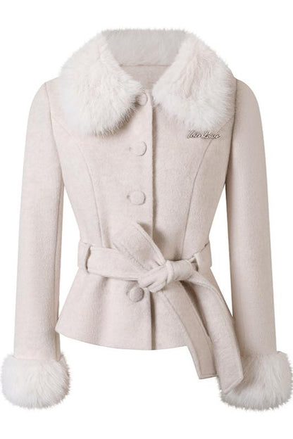 Sweet Girly Fur Waist Ribbon Coat + Fur Tight Skirt
