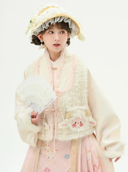 Chinese-style Retro Sheep Fur Vest + Pleated Skirt