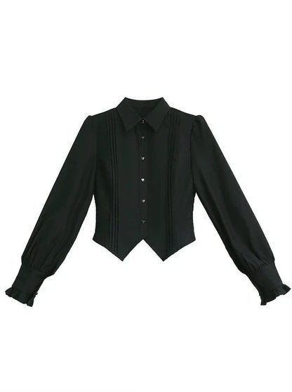 Retro Suit Black Ruffle Sleeve Shirt + Plaid Ruffle Shoulder Layered Dress + Ribbon Accessories [pre-order]