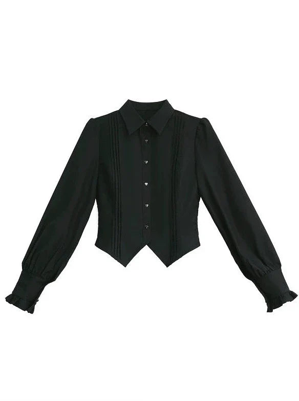 Retro Suit Black Ruffle Sleeve Shirt + Plaid Ruffle Shoulder Layered Dress + Ribbon Accessories [pre-order]
