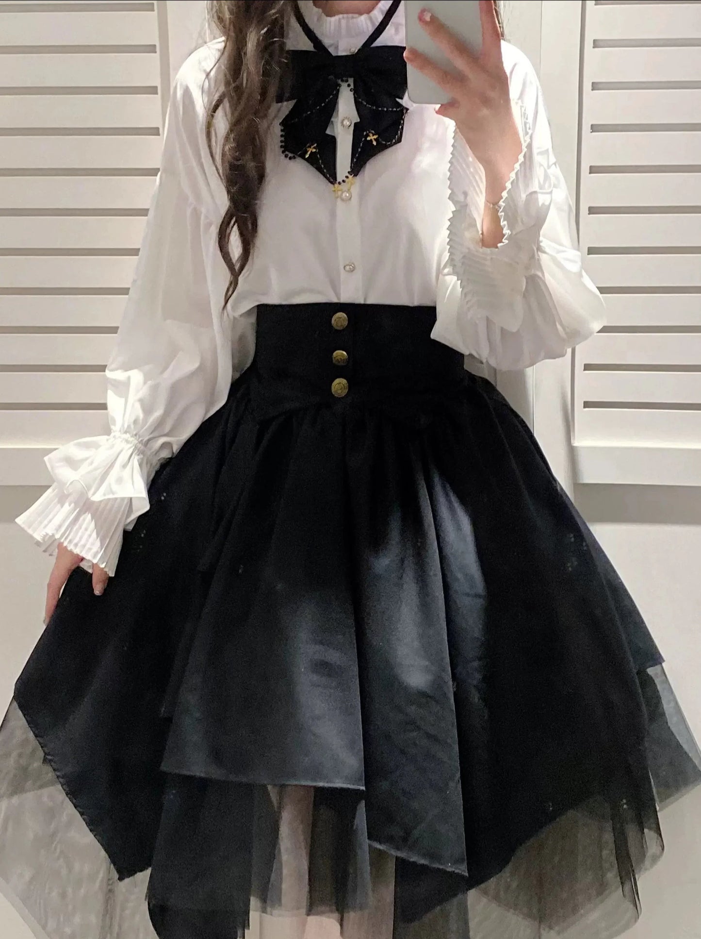 Retro Gothic Style Ribbon Tie Shirt + Irregular Tulle Skirt Suit
