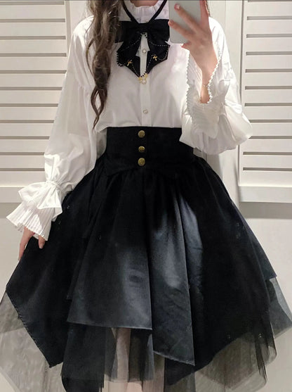 Retro Gothic Style Ribbon Tie Shirt + Irregular Tulle Skirt Suit
