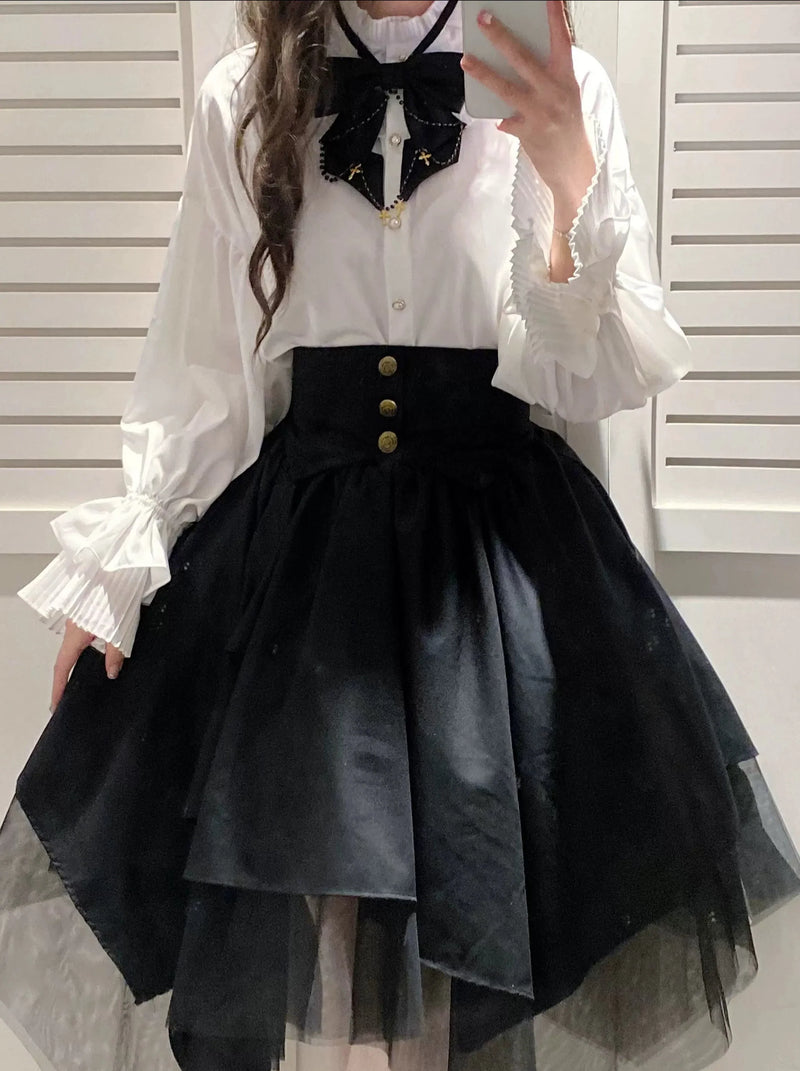 Retro Gothic Style Ribbon Tie Shirt + Irregular Tulle Skirt Suit