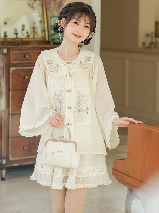 Forest Chinese-style Attached Collar Sheer Ruffled Shirt + Skirt [pre-order]