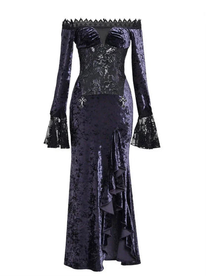 Luna Gothic Velvet One-shoulder Slim Mermaid Slit Dress