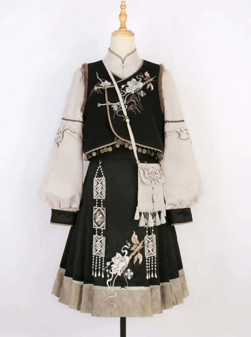 Exotic Flower Vest + Flare Skirt + Balloon Sleeve Blouse + Shoulder Bag