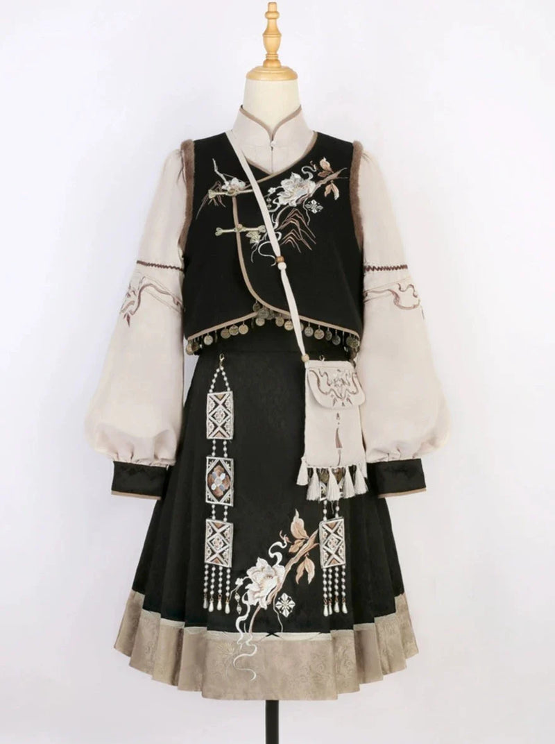 Exotic Flower Vest + Flare Skirt + Balloon Sleeve Blouse + Shoulder Bag