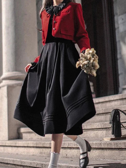 Retro Suit Red Short Jacket + Black Ruffle Lantern Sleeve Dress + Ribbon Tie