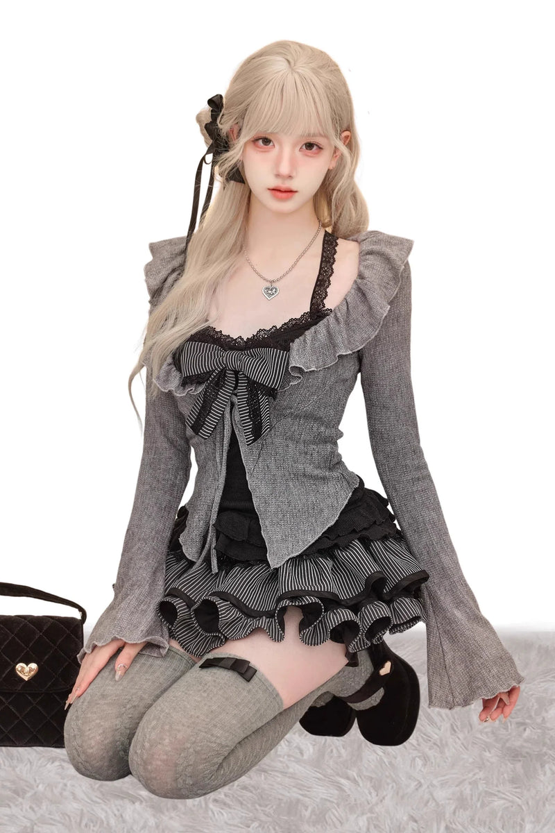 Black Lace Suspender Short Skirt Set