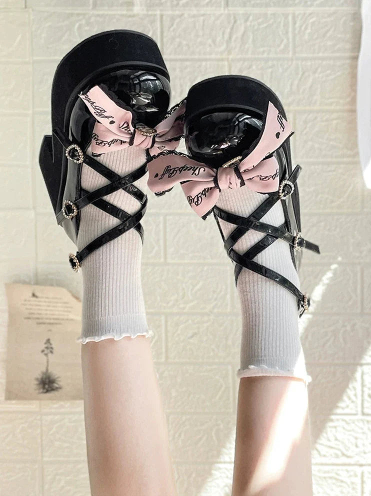 Black Pink Jewel Ribbon Platform Shoes