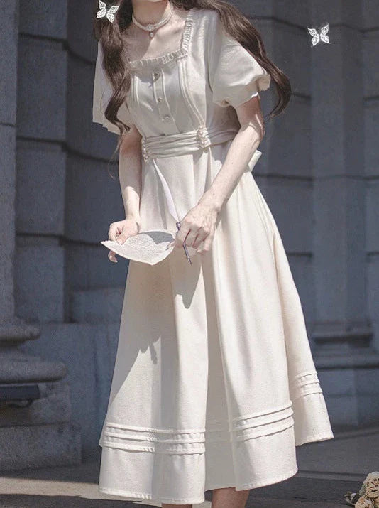 French Retro Apricot Square Collar Dress + Pearl Satin Belt [pre-order]