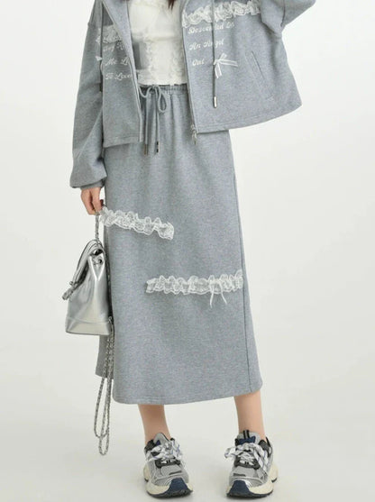 Lace Embroidery Gray Zip Hoodie + Gray Long Skirt [pre-order]