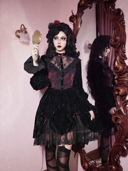 Rose Cemetery Gothic Dark Red Velvet Puff Sleeve Lace Dress