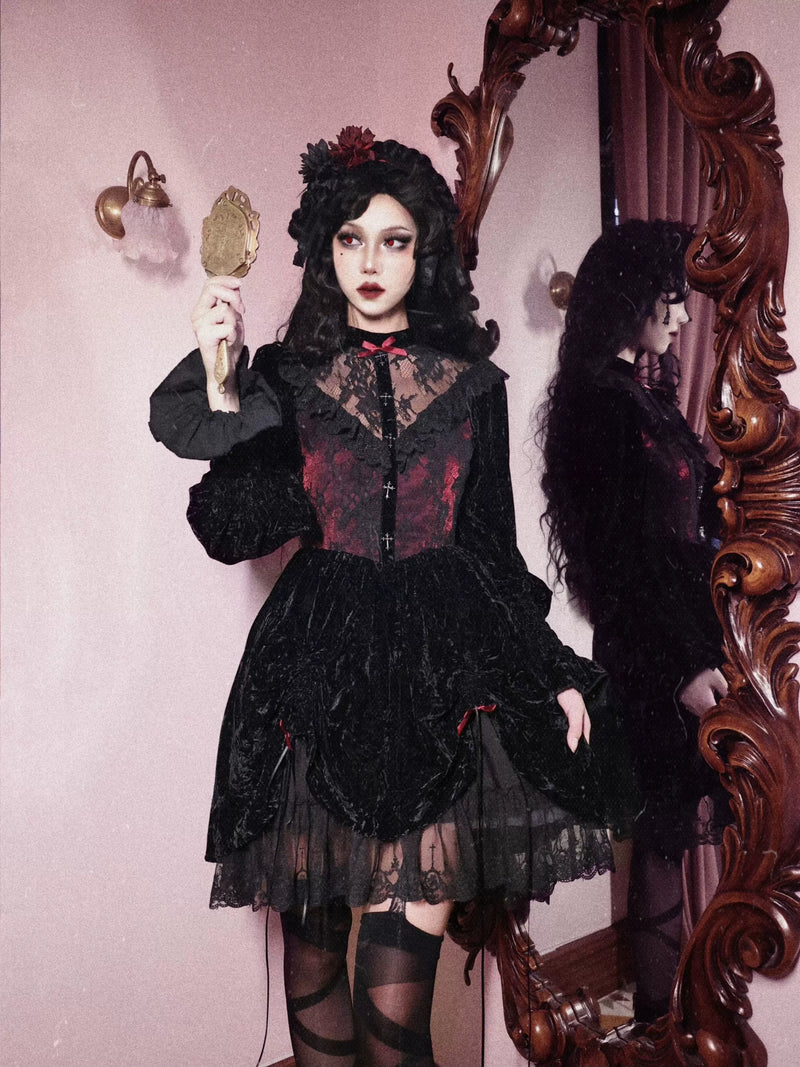 Rose Cemetery Gothic Dark Red Velvet Puff Sleeve Lace Dress