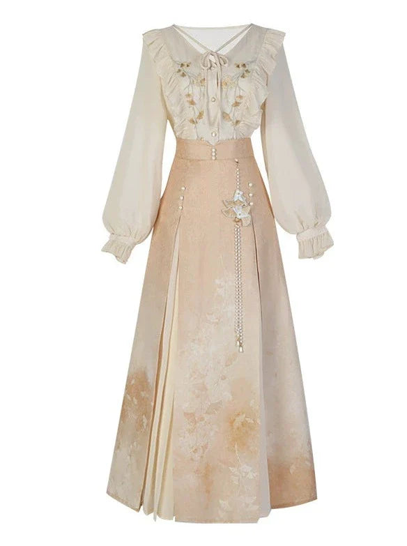 Chinese-style Lace Ruffled Blouse + Pleated Slit Long Skirt