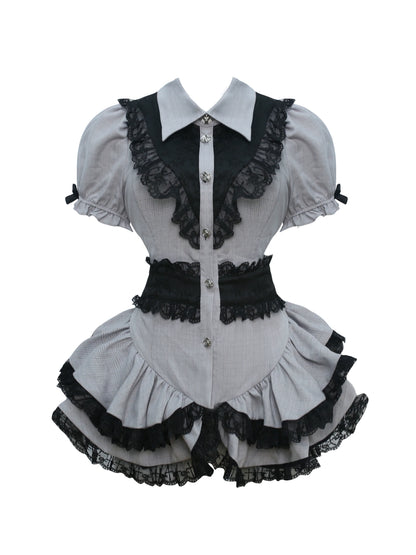 Lace Ruffle Tops+short Tight Skirts