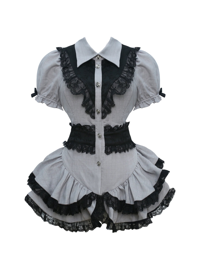 Lace Ruffle Tops+short Tight Skirts