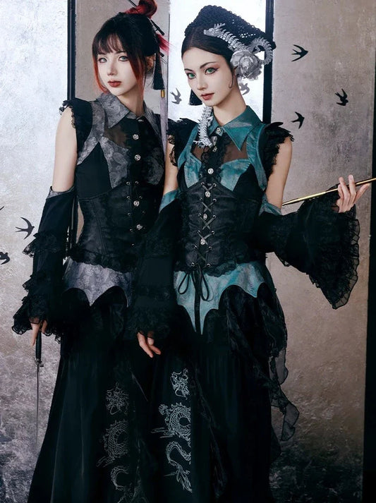 [pre-order] Chinese-style Gothic Subculture Fishtail Skirt + Top + Waist Corset