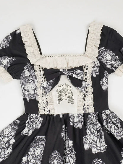 Night of Dolls Print Embroidery Dress Set