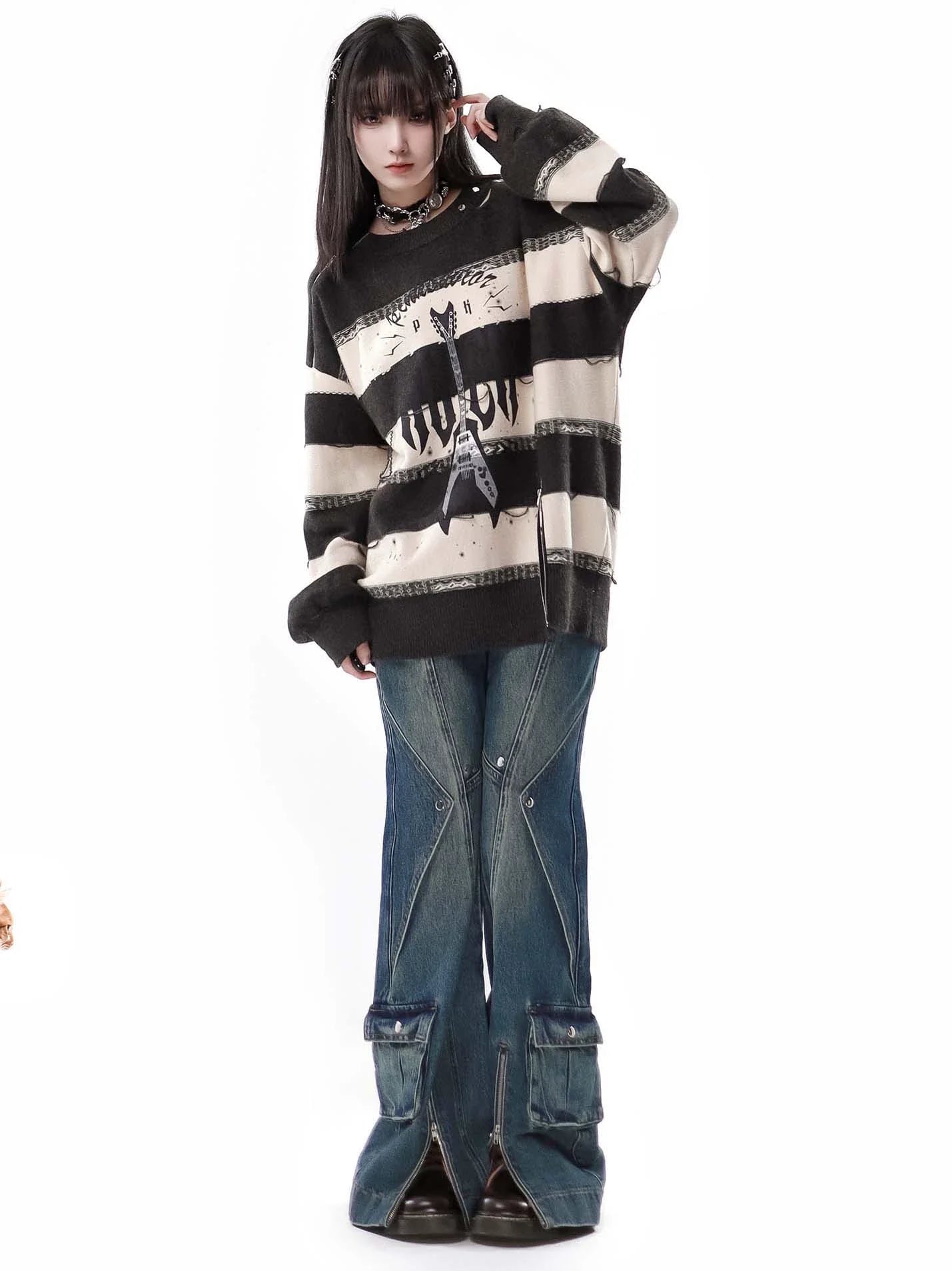Sound Wave Zip Guitar Striped Top + Two-piece Skirt Set