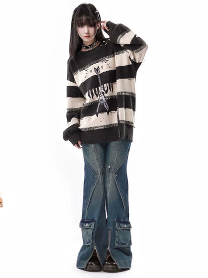 Sound Wave Zip Guitar Striped Top + Two-piece Skirt Set