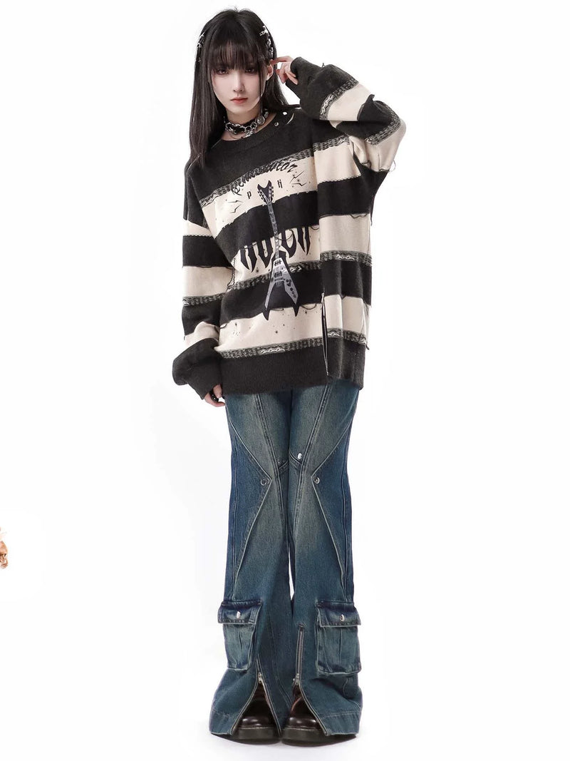 Sound Wave Zip Guitar Striped Top + Two-piece Skirt Set