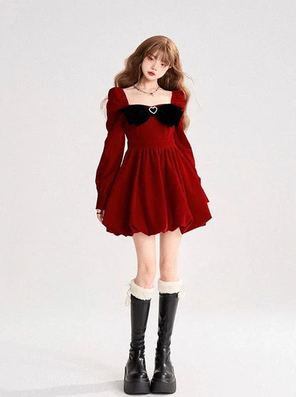 French Retro Velvet Sweet Ribbon Square Neck Dress