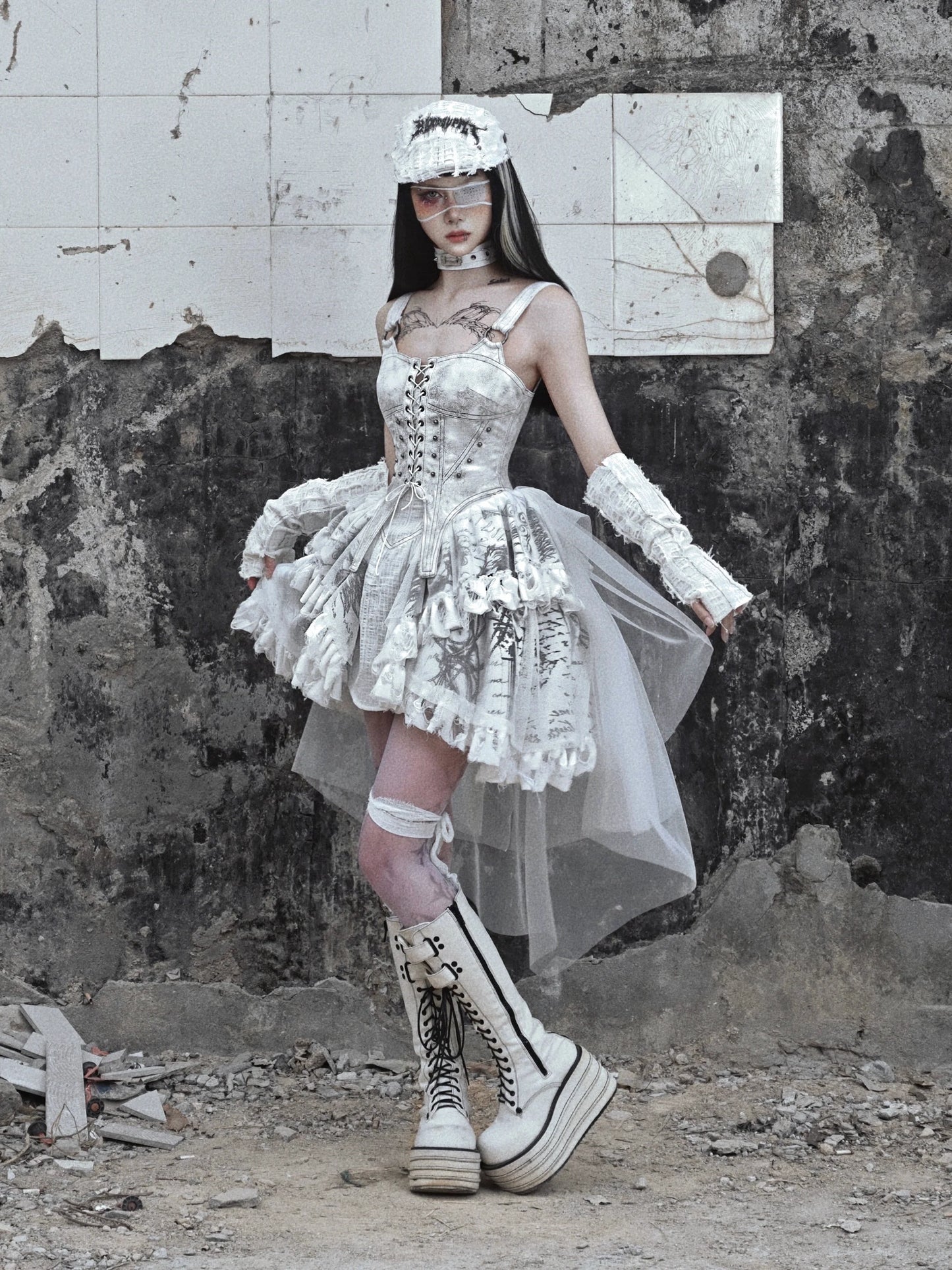 Lace-up Camisole White Gothic Dress