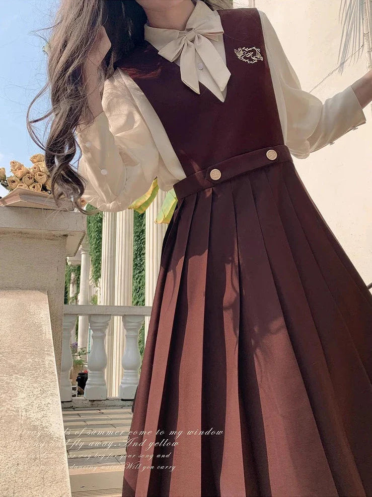 College Style Cream Chiffon Inner Shirt + V Neck Vest Skirt + Ribbon Accessories [pre-order]