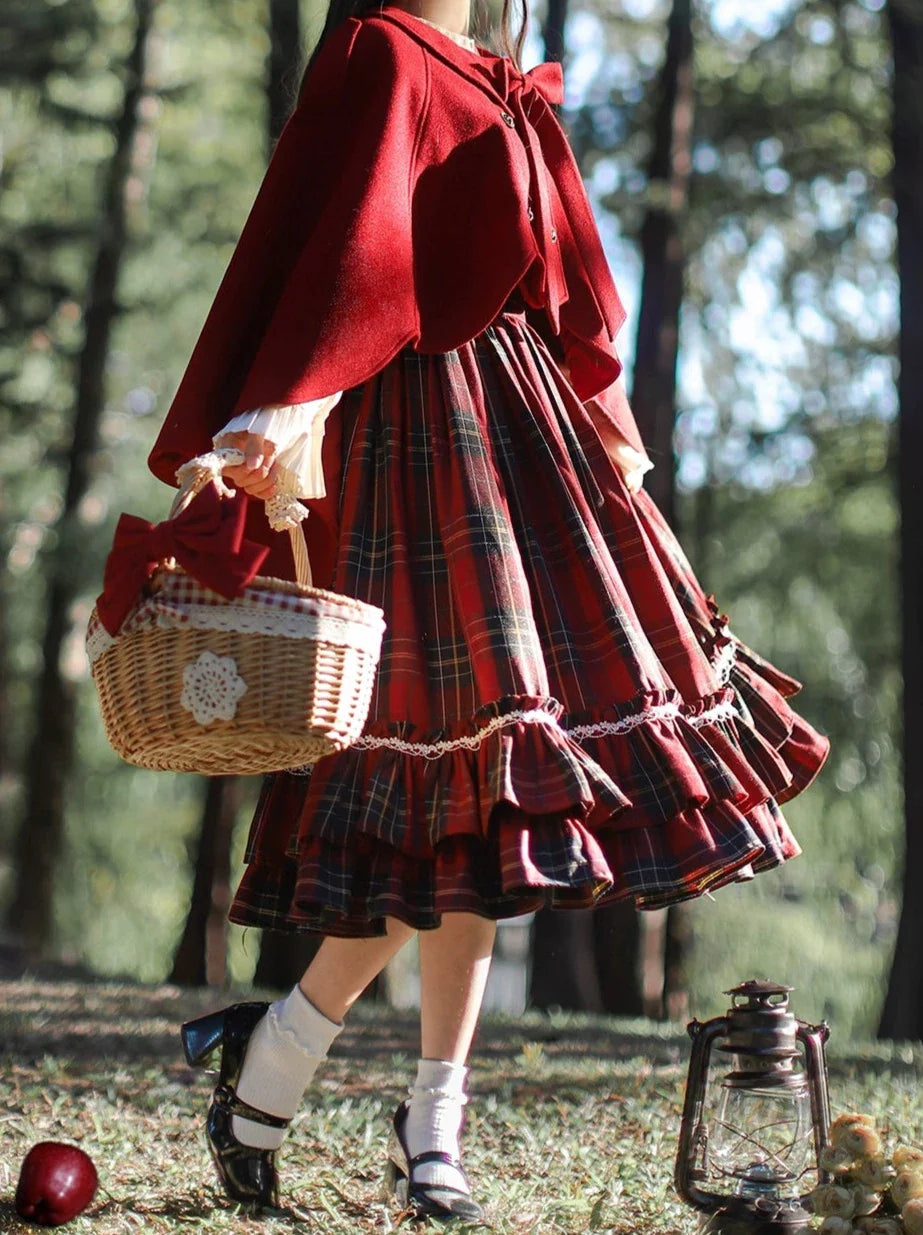 Little Red Riding Hood Cape Ribbon Coat + Pleated Collar Shirt + Plaid Tiered Dress + Head Scarf