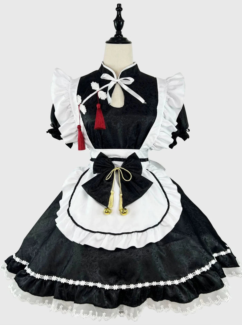 Black White Chinese-style Maid Ribbon Apron Dress Set [short Sleeve / Long Sleeve]