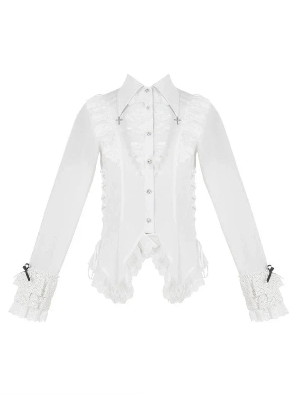 Night Traveler Classic Black Gothic Lace Jacket Dress + Ruffle White Blouse and Black Dress
