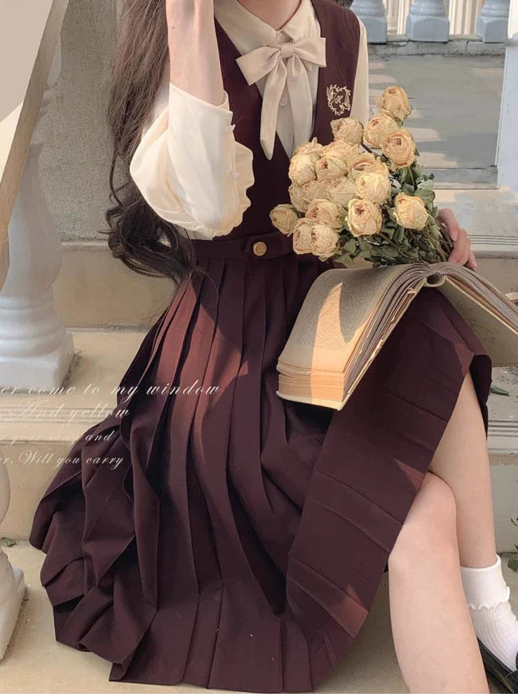 College Style Cream Chiffon Inner Shirt + V Neck Vest Skirt + Ribbon Accessories [pre-order]
