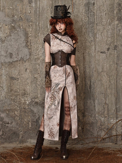 Retro Punk Strap Dragon Embroidery Chinese-style Slit Dress