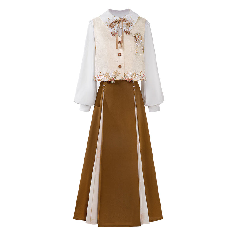 Retro Autumn Chinese Vest + Shirt + Skirt