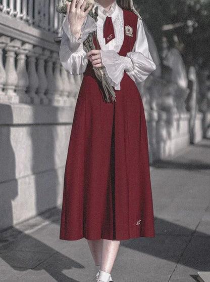 Retro College Lace Chiffon Shirt + Red Sundress + Red Necktie + Emblem Badge