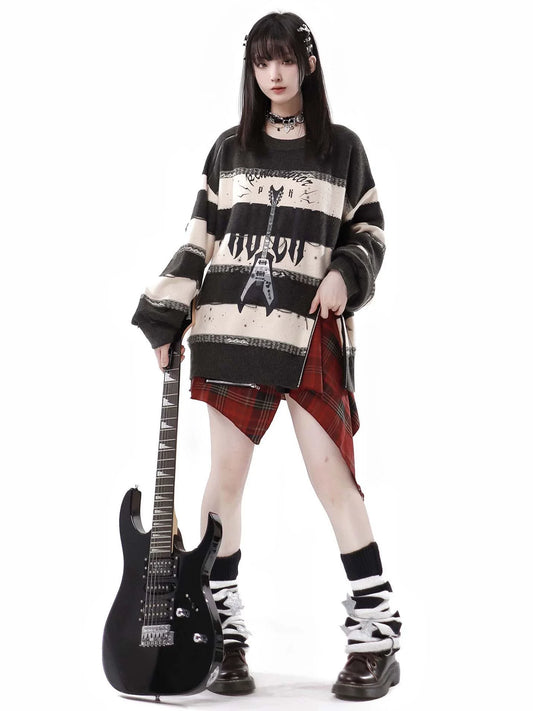 Sound Wave Zip Guitar Striped Top + Two-piece Skirt Set