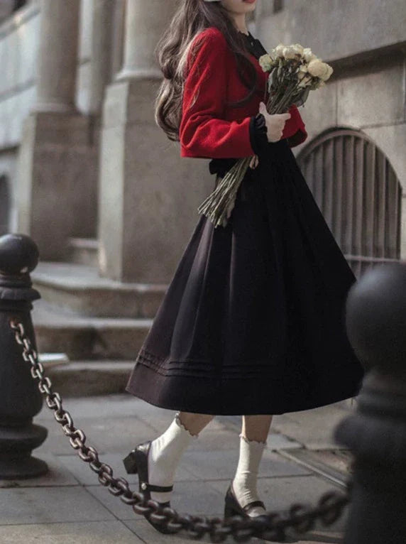 Retro Suit Red Short Jacket + Black Ruffle Lantern Sleeve Dress + Ribbon Tie
